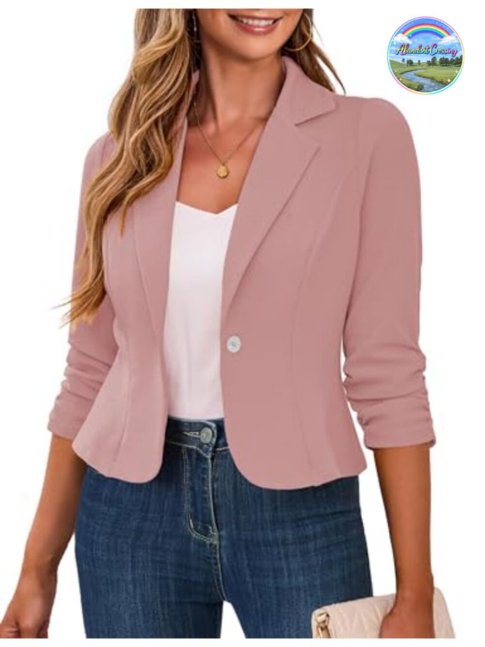Cropped Blazer 3/4 Ruched Sleeve Business Casual Blazer for Women